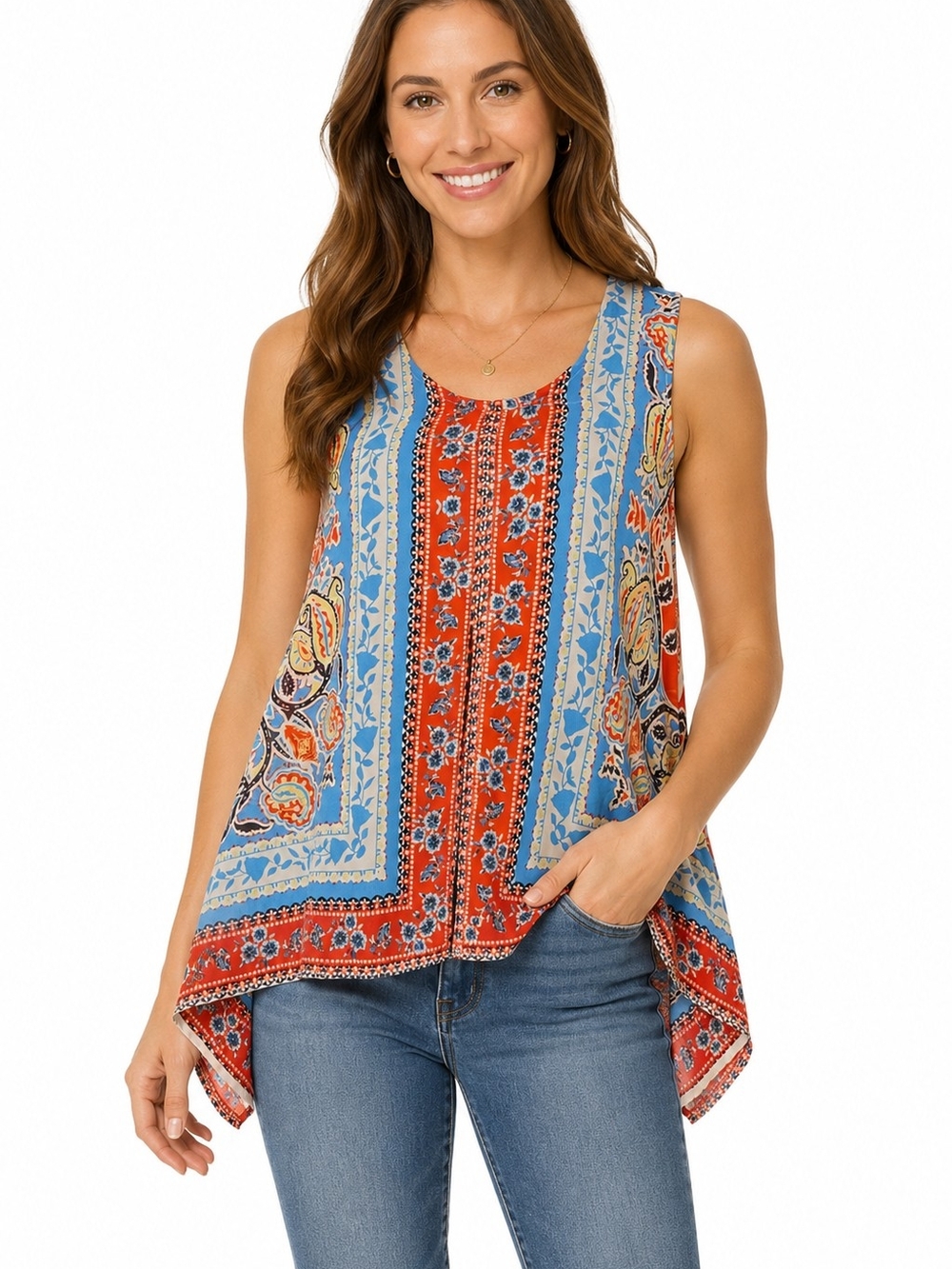 AB Studio Sleeveless Boho Handkerchief Hem Tank - Red & Blue NWT